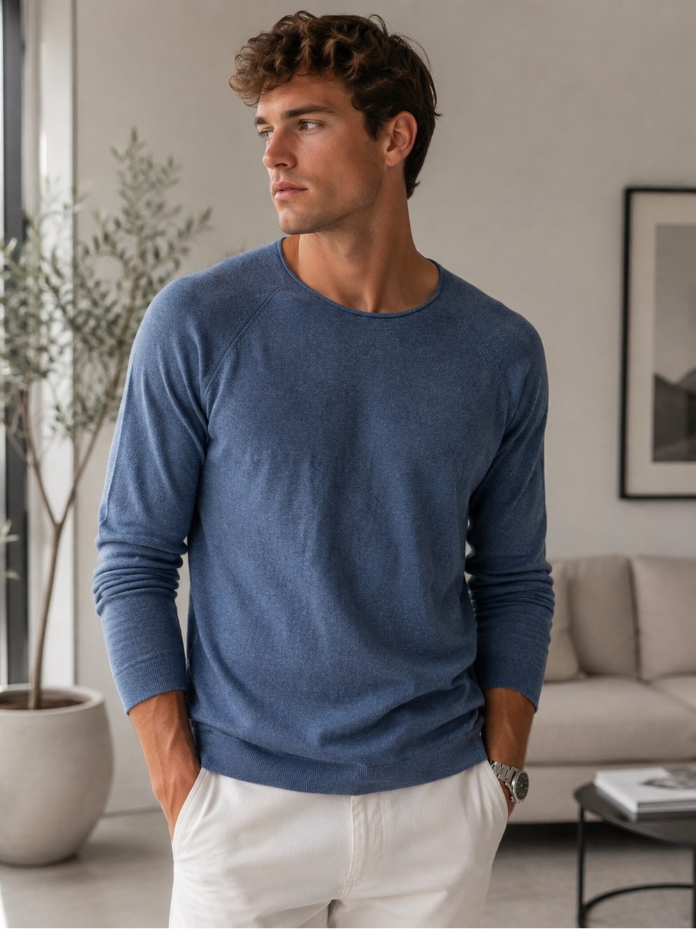 Pull&Bear Men's Blue Lightweight Knit Crewneck Sweater Size L